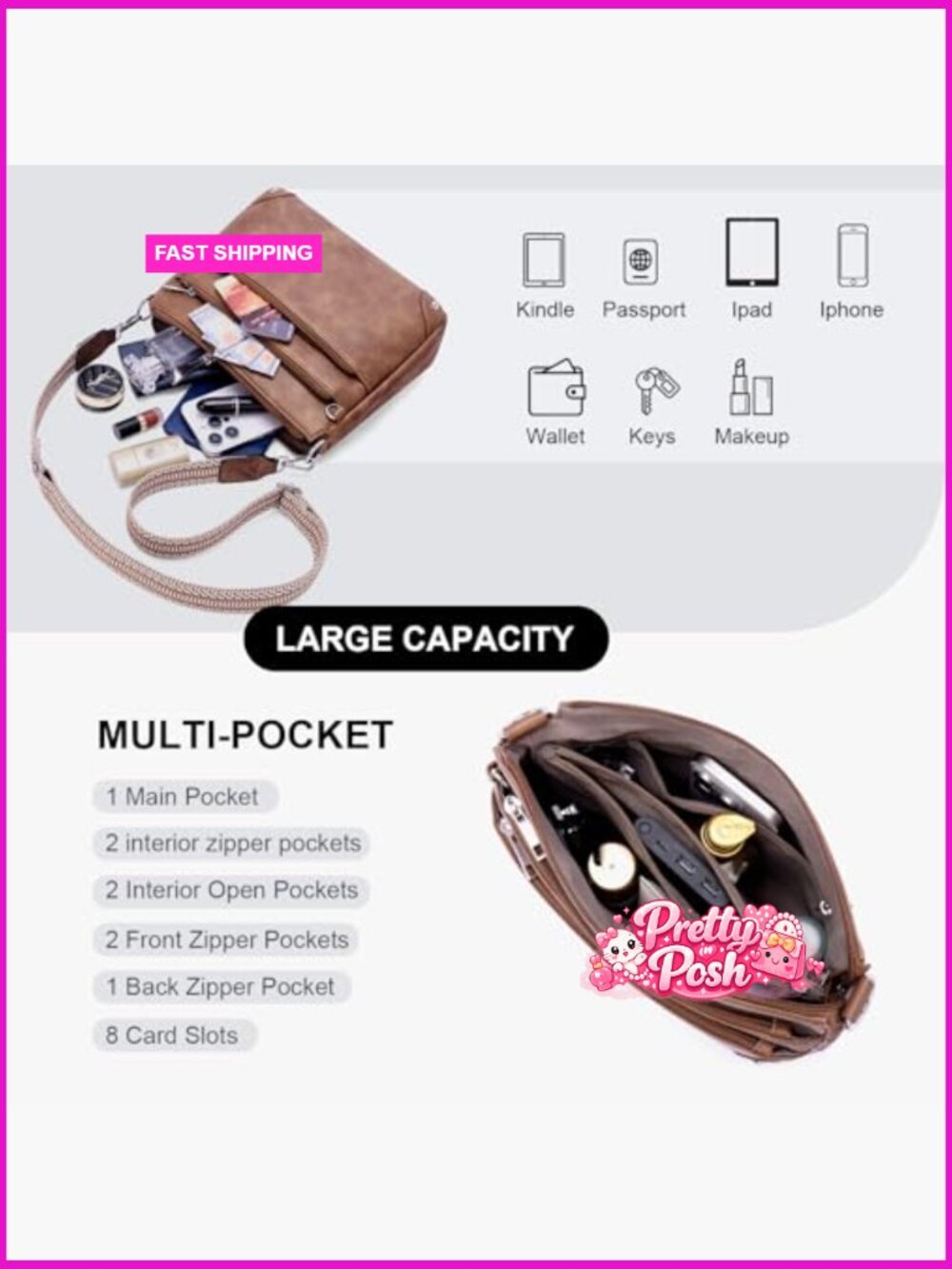 PU Leather Crossbody Bag with Adjustable Strap, RFID Protection - Picture 3 of 7